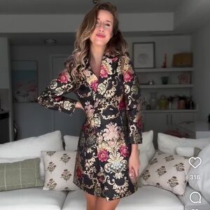 Hermoza Black Blazer with Gold and Red Floral Design